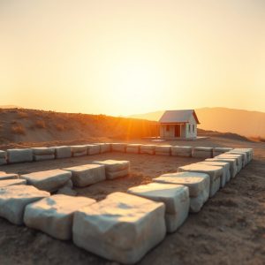 A builder laying stones for a house foundation at sunrise, symbolizing spiritual beginnings