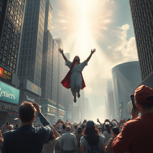 Jesus in white and red robes descends from above a city crowd, arms raised, illuminated by sunlight—symbolizing divine intervention and awe