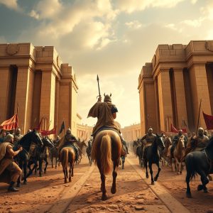 Warrior on horseback leading cavalry through an ancient gate, representing Cyrus’s entry into Babylon as foretold in Isaiah 45.