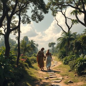 Adam and Eve walking in the garden of Eden without God