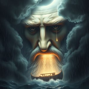 The image of God looking down at the Ark as He punishes the world, with a tear in His eyes.