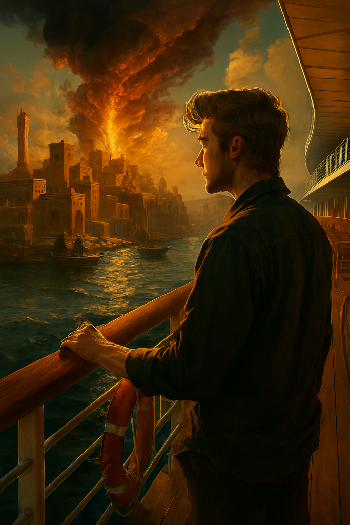 Ancient trade ship docked at a lavish port city under storm clouds, symbolizing Tyre’s external beauty and internal corruption from Ezekiel 24–27.