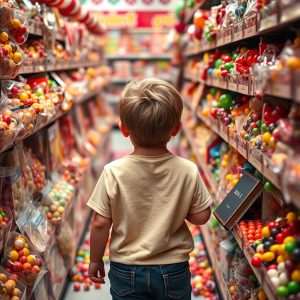 A child in a candy store and a Bible on the shelf of candy.