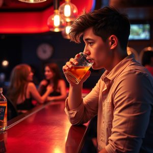 A young man sitting alone at a bar, drinking, with blurred figures of women in the background, representing youthful wandering and seeking gratification in worldly places.