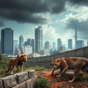 "A lion and leopard stand ready to pounce with a modern city skyline in the background, under dark, stormy clouds."