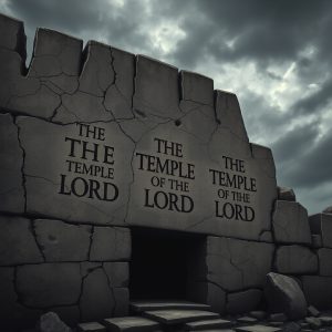 An ancient stone temple with three engraved phrases reading “THE TEMPLE OF THE LORD,” weathered by time and framed by a dark, stormy sky.