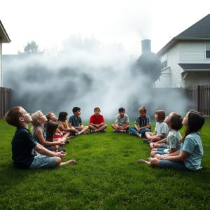 Children seated on a lawn circle under a cloudy sky, with a steam locomotive passing nearby in a residential neighborhood.