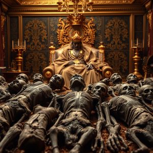 “King Zedekiah reclining in luxury while starving citizens suffer outside in parched land