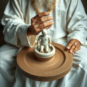 A person in white robes adjusts a small ceramic human figure on a pottery wheel, symbolizing creation and intentional craftsmanship.