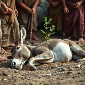 A broken grave in barren soil with a donkey’s skeleton partially buried, while a tender green shoot emerges nearby, symbolizing new life from the root of David.