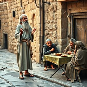 A person in traditional clothing stands and gestures while three others sit at a table with food in an old stone alleyway.