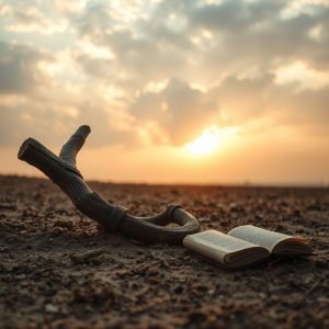 A broken wooden yoke and an open book lying on the ground in a barren landscape during sunset.