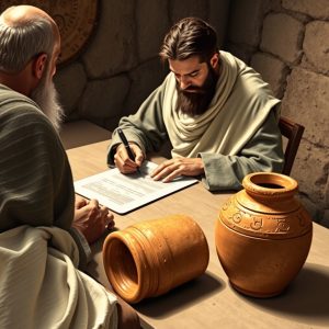 Jeremiah signs a land deed at a wooden table, observed by a witness, with clay jars nearby for safekeeping.