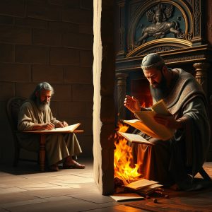 Two figures in separate stone-walled rooms—Baruch writes Jeremiah’s scroll at a desk, while King Jehoiakim burns the scrolls in a fireplace.