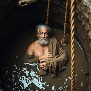 Jeremiah submerged in muddy water inside a stone cistern, with ropes hanging down to rescue him.