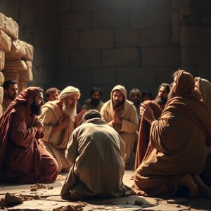 A group of people dressed in ancient robes kneeling and praying in a stone-walled room, with one person in the center bowing down.