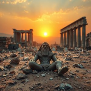 A statue of an ancient figure sits amidst ruins at sunset, with columns and debris scattered around.