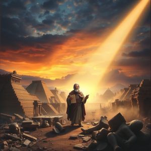 Prophetic image of ancient Babylon collapsing under divine judgment, with broken idols, stormy skies, and a lone prophet holding a scroll.