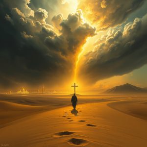 A lone traveler walks through a desert toward a glowing cross, leaving footprints behind, with a distant golden city under stormy skies.