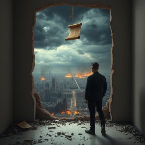 Man gazes through a shattered wall at a burning cityscape under stormy skies, with a suspended scroll symbolizing divine judgment.