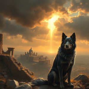 A black and tan dog sits on rocky ground beneath a dramatic sunset, with ancient temple ruins in the distance and a beam of light breaking through storm clouds.