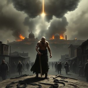 A bald, sword-bearing figure stands on a raised platform amid a burning city, symbolizing prophetic judgment and spiritual leadership during chaos.
