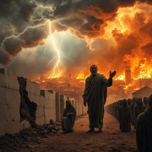 A robed prophet gestures toward a burning city under a stormy sky, as lightning strikes from above—symbolizing divine judgment and prophetic warning.
