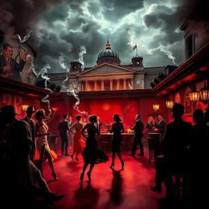 Elegant figures dance and converse inside a grand hall beneath stormy skies, symbolizing cultural indulgence and looming judgment.