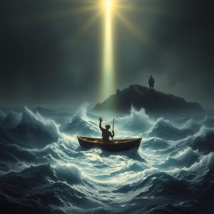 A disciple in a small boat illuminated by divine light amid a stormy sea, symbolizing faith and discernment in spiritual chaos.