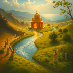 A golden-domed temple glows in the sunlight as a river flows from its entrance through a lush valley, transforming barren land into vibrant life. Figures in robes stand in reverence along the riverbanks, symbolizing the spiritual renewal described in Ezekiel 47 and the commitment to daily worship.