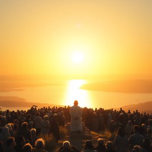A robed figure stands before a crowd at sunset, facing the horizon over water. The gathering evokes reverence, grief, and spiritual reflection.