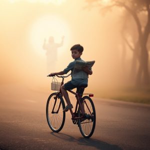 A young boy rides a bicycle through morning fog, holding an open book, while a glowing figure looms in the mist—symbolizing the journey of spiritual responsibility and divine calling.