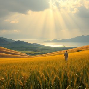 A person walks through a golden wheat field under dramatic sunbeams, symbolizing spiritual growth, discernment, and the journey toward Christ amid worldly distractions.