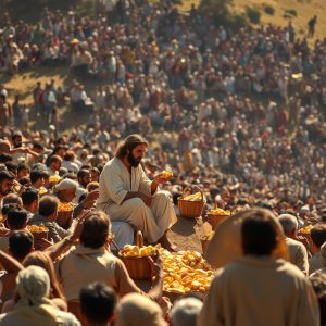 A large crowd gathers on a hillside as Jesus blesses baskets of bread, symbolizing divine provision and the call to deeper faith.