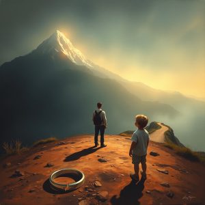 A man and child stand on rocky terrain facing a sunlit mountain, with a broken ring nearby, symbolizing the journey of faith, forgiveness, and spiritual consistency.