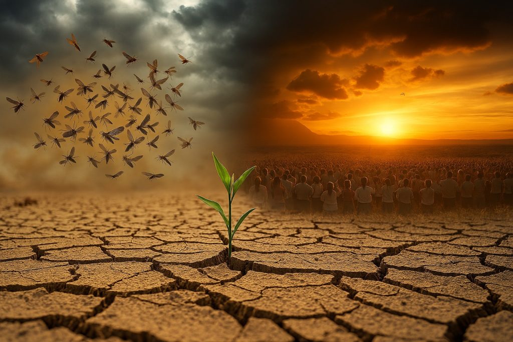 A single green plant grows from cracked earth under a stormy sky filled with locusts, while a distant crowd stands illuminated by a golden sunset.