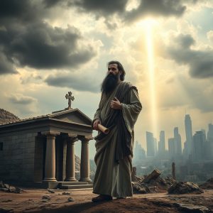 Ancient prophet holding a scroll before a stone temple under a dramatic sky, with light from heaven breaking through clouds over a modern city skyline — symbolizing God’s timeless call to repentance from Amos to today.