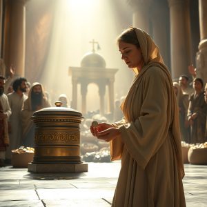 A humble woman in a temple setting prepares to give her offering, surrounded by others in solemn worship, symbolizing heartfelt generosity and reverent giving.