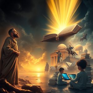 A robed man gazes upward at a radiant, open book floating in the sky, its golden light illuminating children with tablets and stacks of books below, symbolizing Daniel’s prophecy of increased knowledge and God’s eternal record in the Book of Life.