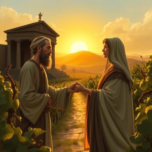 A man and woman in biblical robes stand hand-in-hand on a vineyard path at sunset, with a classical temple on a hill in the background, symbolizing Hosea’s marriage to Gomer and God’s enduring love for His people.