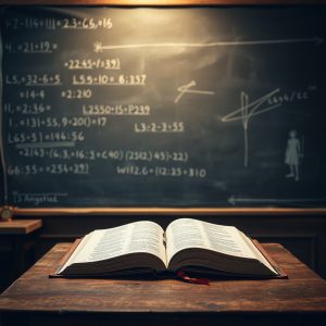 Open Bible on a desk in front of a chalkboard filled with math equations, symbolizing the contrast between modern education and spiritual wisdom.