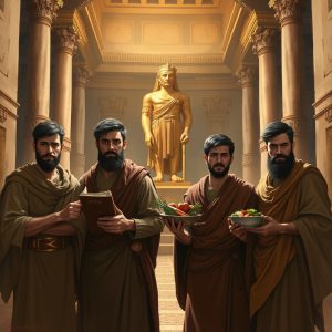 Four Hebrew men stand in a Babylonian palace, holding scrolls and bowls of vegetables, with a golden statue looming behind them—symbolizing resistance to cultural assimilation in Daniel 1–3.