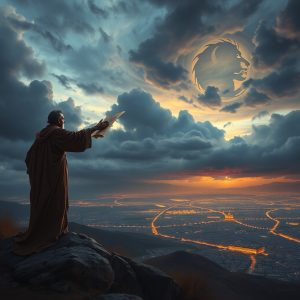 A biblical prophet in a brown robe stands on a rocky mountaintop at sunset, holding a scroll up toward a dramatic sky. Below him, a modern city's lights spread across a valley. In the clouds, a glowing, stylized image of the Lion of Judah is visible, symbolizing God's authority and judgment over the world.