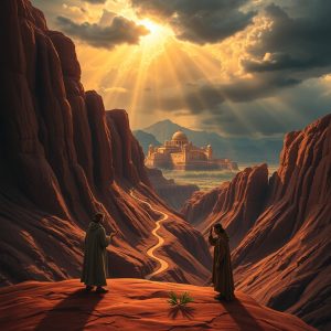 Two robed figures stand on a rocky outcrop before towering red cliffs and a winding canyon path leading to a sunlit city, symbolizing Obadiah’s call to humility, reconciliation, and God’s coming kingdom.