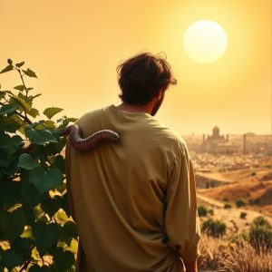A person stands alone in a sunlit landscape at sunrise, with a millipede crawling on their shoulder, overlooking a distant city under a glowing sun.