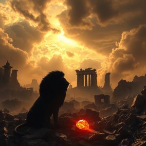 Lion seated among ancient ruins under a fiery sky, with a glowing jacinth gem near its paws—symbolizing divine judgment and covenant imagery from Nahum.