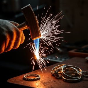 Gloved hand striking metal with a hammer, producing sparks—symbolizing God’s refining work through trials and spiritual resistance.