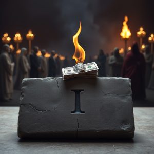 Cracked stone block engraved with “I,” topped with burning dollar bills, with robed figures holding torches in the background—symbolizing judgment, idolatry, and the urgency of repentance.