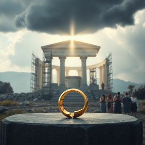 Golden signet ring on a stone pedestal in front of a temple under restoration, with light breaking through clouds—symbolizing divine authority, spiritual renewal, and the rebuilding of God’s house.
