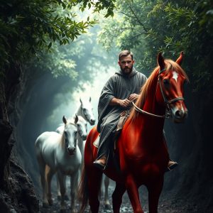 A cloaked man riding a chestnut horse through a forest path, followed by three white horses, under filtered light—symbolizing divine presence, prophetic vision, and humility among the myrtle trees.